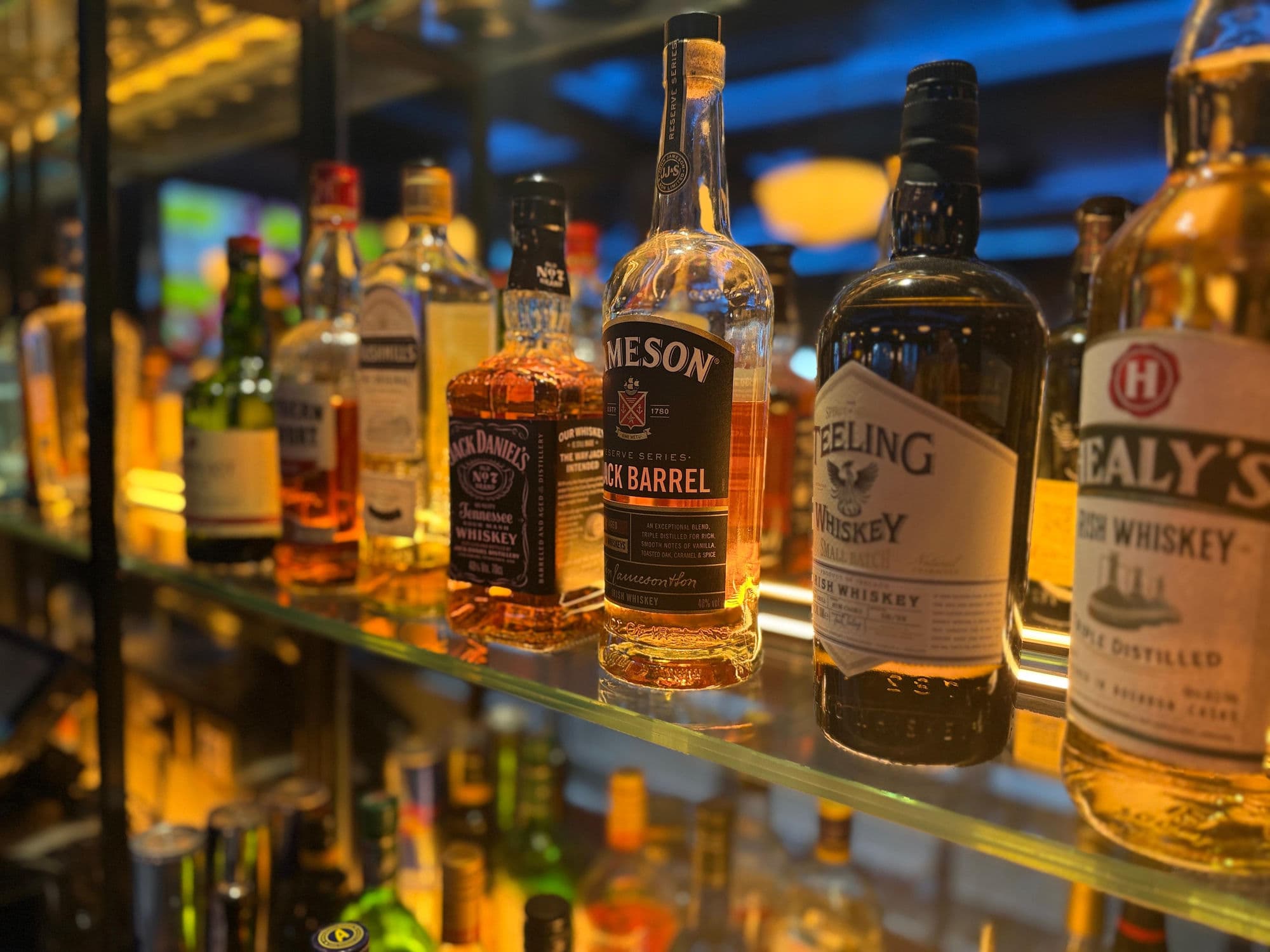 Whiskey shelf behind the bar at Fitzpatrick's Baldoyle