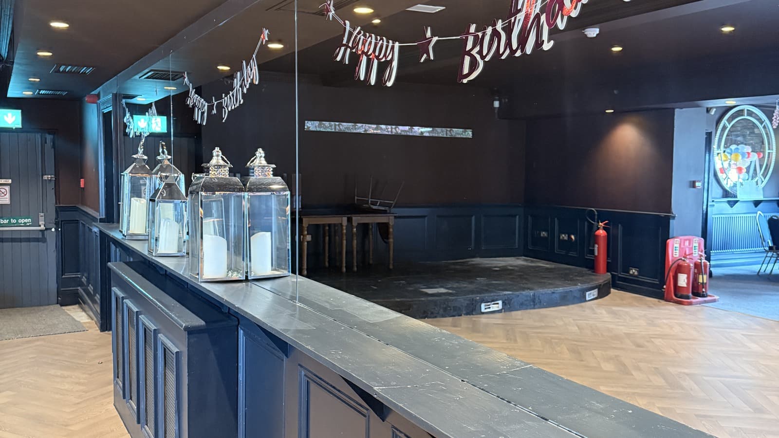 The stage and event area of the Function Room, for speeches, music or a first dance